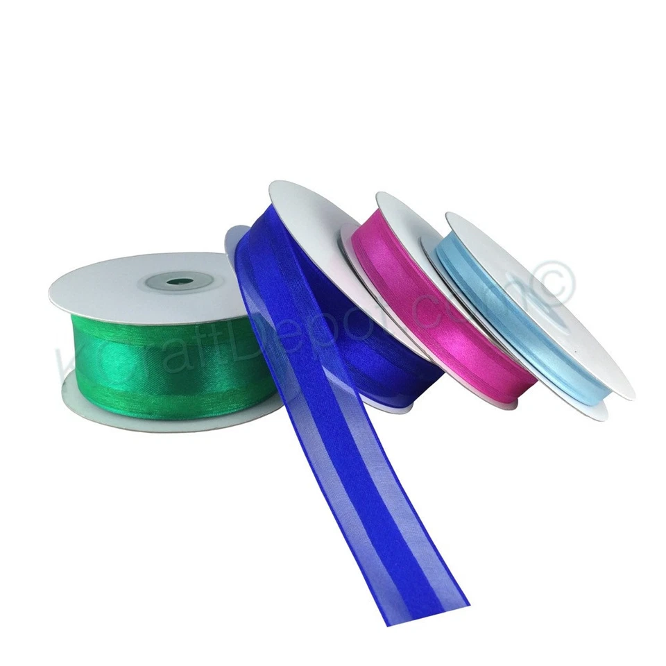 Organza transparente con cinta central satinada a rayas rollo de 25 yardas 3/8" 5/8" 7/8" 1,5" Foto 1 de 1