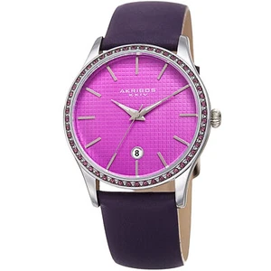 Women's Akribos XXIV AK964PU Silver Round Case Date Purple Leather Strap Watch - Picture 1 of 4
