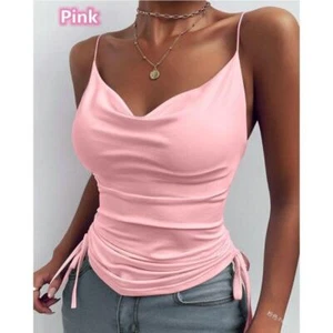 Women's Tank Top Deep V Neck Camisole Drawstring Spaghetti Strap Sleeveless Top - Picture 1 of 18
