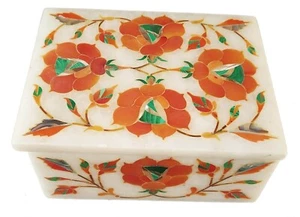 Marble Jewelry Trinket Box Semi Precious Floral Art Handmade Work Gift for Her - Picture 1 of 8
