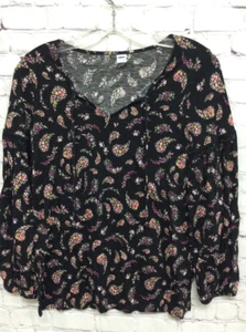 Old Navy Womens Blouse Black Yellow Paisley Floral Long Sleeve V Neck Top S - Picture 1 of 7