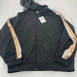 Forever 21 Womens Jacket Small Black Gold Striped Hoodie Full Zip Casual Classic - Picture 1 of 10