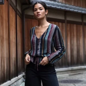 $158 Retail RAILS XS "Marti" Burgundy Blue Striped Linen Blend V-Neck Peplum Top - Picture 1 of 15