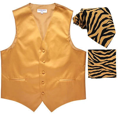 New Men's Formal gold Vest Tuxedo Waistcoat tan zebra Necktie & Hankie set - Image 1 of 4