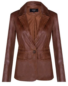 Ladies Tan Brown Real Leather Blazer Jacket Casual Retro One Button Classic - Picture 1 of 4