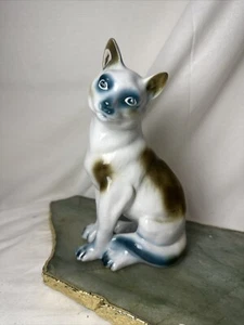 Gato de cerámica blanco azul y marrón Calico gatito siamés hecho en Rumania raro - Imagen 1 de 14