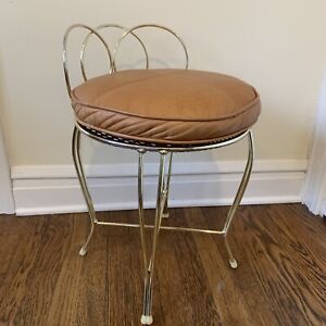 Vintage Vanity Boudoir Chair Stool Gold Brass Leather Cushion Hollywood Regency