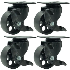 4 All Black Metal Swivel Plate Caster Wheels w/ Brake Heavy Duty (3" w/ Brake) - Picture 1 of 7