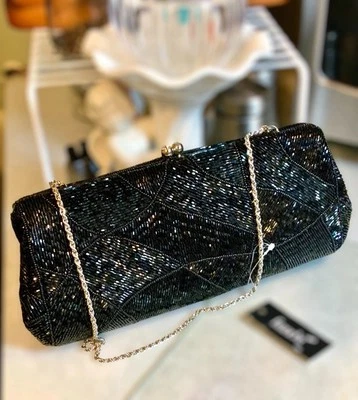 FRANCHI Little Black Beaded Satin Fabric Clutch Handbag Chain Handle NWT 10’’ - Image 1 of 3