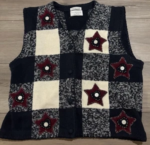 Christopher & Banks handbestickte karierte Strick Pullover Weste Gr. M Sterne - Bild 1 von 6