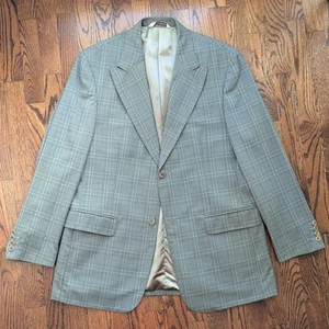 Vintage Saks Perry Ellis Mens 42R Sage Green Black Houndstooth Glen Plaid Blazer - Picture 1 of 22