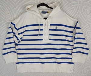 Polo Ralph Lauren Poncho Fit Lace-Up Fleece Hoodie White Blue Stripe Women M/L - Picture 1 of 20
