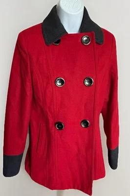 Abrigo para mujer Nautica rojo doble botonadura mezcla lana guisante XS gris cuello y puños  Foto 1 de 4