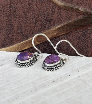 Hermoso pendiente de piedra turquesa de cobre púrpura plata de ley 925 S13 Foto 1 de 4