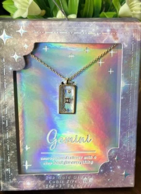 Collar Colgante Géminis Zodiaco Circonita Cúbica Vidrio Perforado Oro 14k Nuevo con Etiquetas Foto 1 de 3