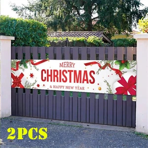 2PCS Merry Christmas Banner New Year Fence Banner Sign Garden Holiday Decor - Picture 1 of 8