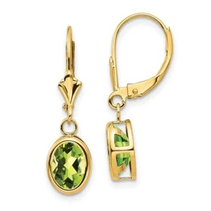 14K Solid Yellow Gold Oval Peridot Dangle Earrings - Picture 1 of 3