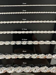 Collier chaîne corde taille diamant massif véritable argent sterling 925 Italie