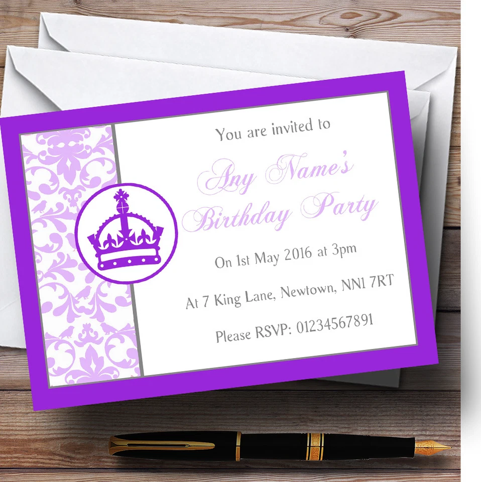Purple Princess Crown White Personalised Birthday Children's Party Invitations - Image 1 of 1