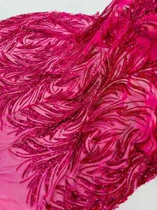 Leaf Stretch Sequins Fabric - Fuchsia - 4 Way Stretch Lace Mesh Fabric By Yard - Picture 1 of 6