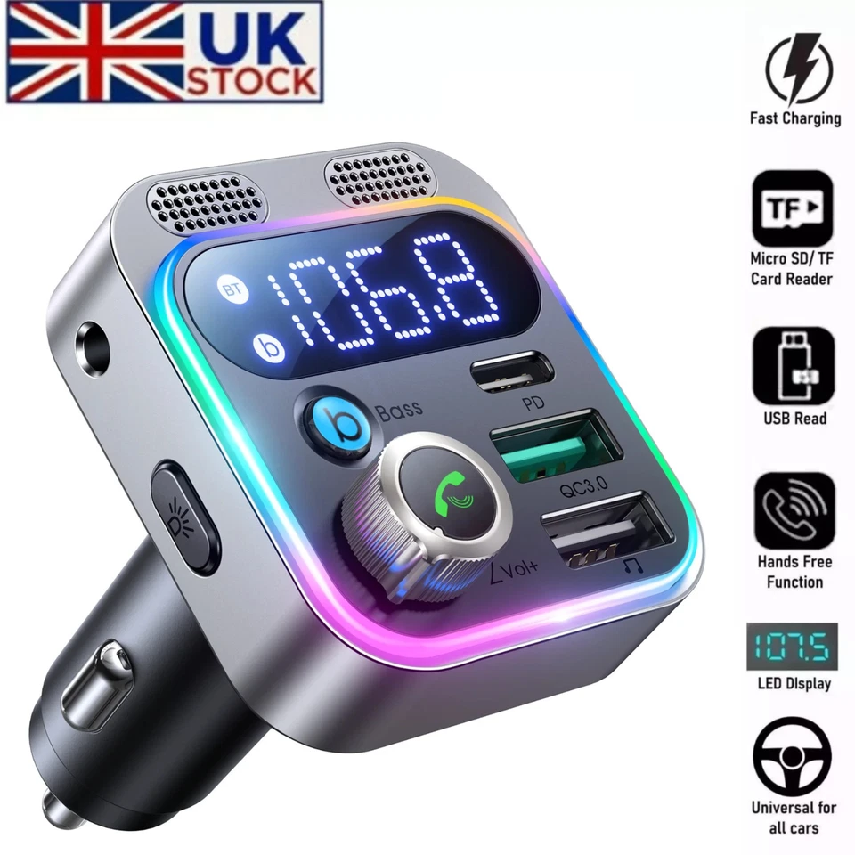 Wireless Car Bluetooth FM Transmitter 5.3 MP3 Player USB Car Charger Adapter UK - Image 1 of 4