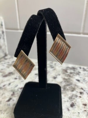 14k Tricolor Gold Herringbone Chain Drop Earrings 9 Strands Flexible 3gr - Image 1 of 4