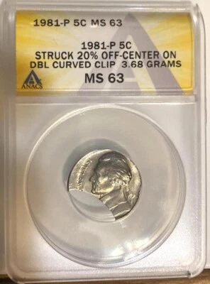 1981 ANACS MS63 Struck 20% Off Center And Double Clip Jefferson Nickel Error Wow - Image 1 of 4