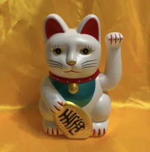 Maneki Neko Welcoming Lucky Beckoning Hands Waving Fortune Cat- White,7”H - Picture 1 of 4