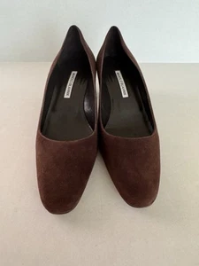 Manolo Blahnik Brown Suede Semi Square Tow Pumps Size 8/ 39 Made In Italy - Picture 1 of 9