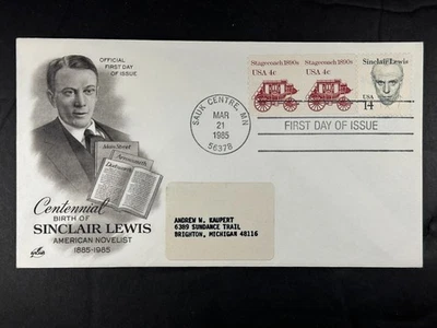 FDC 1985 Sinclair Lewis Centennial Birth American Novelist Sauk Centre MN   a747 - Image 1 of 2
