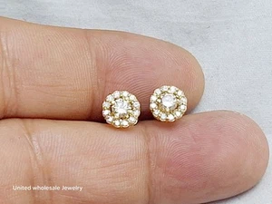 1.02ct Genuine Natural Diamond Stud Earrings In Solid 14K Yellow Gold, Halo - Picture 1 of 7