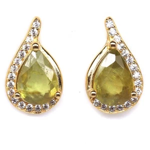 925 Silver Handmade 5 x 8 mm. Green Sphene & White Zircon Earrings - Bild 1 von 4
