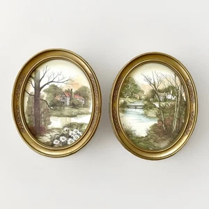 Vtg 2 Homco Home Interiors Pictures Cottage Flowers Oval Frames 11" F. Massa - Picture 1 of 15
