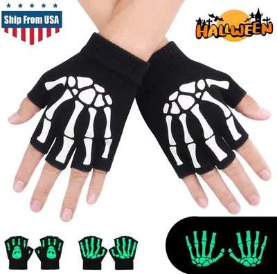 Guantes sin dedos esqueleto de Halloween que brillan en la oscuridad calavera medio dedo tejido 2025 Foto 1 de 4