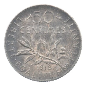 SILVER - Dime-Sized - 1918 France 50 Centimes - World Silver Coin *993 - Picture 1 of 3