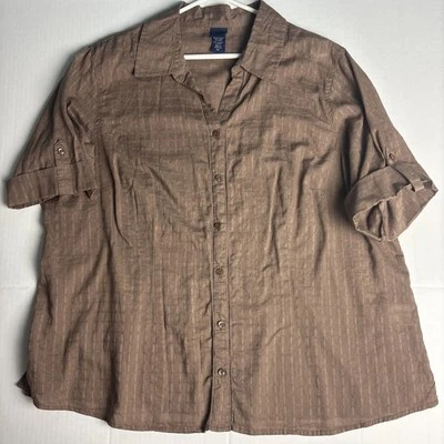 Basic Editions Women's 2X Shirt Brown Checkered Button Up Roll Sleeve Cotton Foto 1 de 4