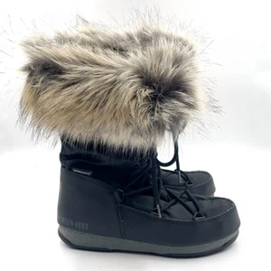 Moon Boot Monaco WP 2 Botas de Invierno Borradas de Piel Negras Con Cordones Lona Talla 7 Mujeres - Imagen 1 de 9