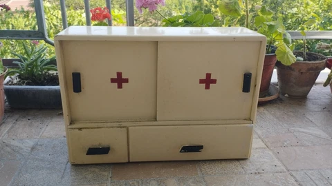Old  Vintage  Wooden Red Cross  Medicine Cabinet Apothecary  Wall Chest Cover