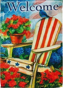 NEW DOUBLE SIDED EVERGREEN PATRIOTIC BLUEBIRD & CHAIR WELCOME FLAG  29 X 43  - Picture 1 of 1