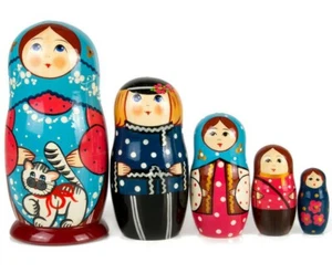 Russian Nesting Doll with Cat, Handmade, Wooden, 7-inch Matreshka Stacking Doll - Picture 1 of 8