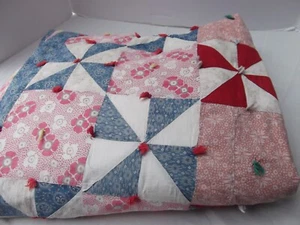 vtg red blue patchwork quilt 72x86 queen full hand tied Fade Stain zigzag hem - Picture 1 of 12