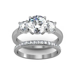 4Ct G/VS Lab Grown Diamond Three Stone Engagement Band Platinum Ring Set - Picture 1 of 5