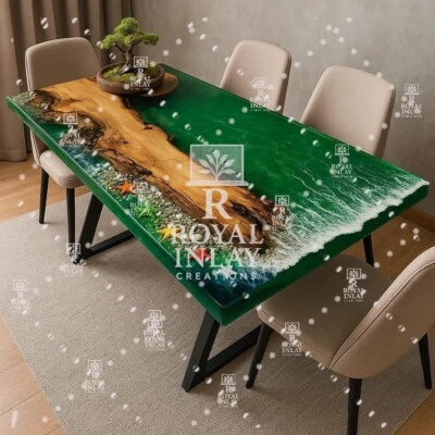 Mesa de jantar onda oceano resina verde – Móveis de arte epóxi madeira borda viva - Imagem 1 de 4