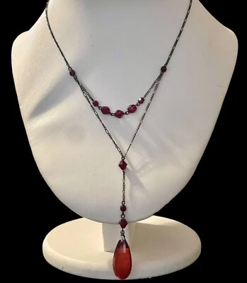 Robert Rose Red Faceted Teardrop Pendant 24” Y-Drop Necklace VGUC Gorgeous - Image 1 of 4