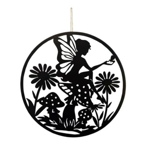 Wall Art Plaque Round Metal Fairy Silhouette Flower Mushroom Scene Garden Decor - Picture 1 of 4