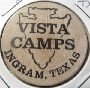 Vintage Vista Camps Ingram, TX Wooden Nickel - Token Texas - Picture 1 of 2