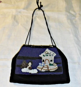 *EXQUISITE BESPOKE TINY BLACK BEADED SCENE EVENING HANDBAG VELVET SILK & GLASS - Picture 1 of 3