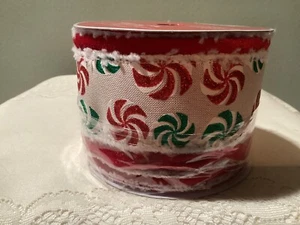 Round Peppermint candy Wired Edge Ribbon - 3.5” x 15 ft Christmas ribbon - Picture 1 of 3