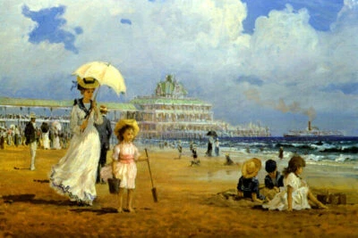 GLORIOSA PLAYA VERANO NIÑOS JUGANDO EN LA ARENA PINTURA DE ALAN MALEY REPRO Foto 1 de 3