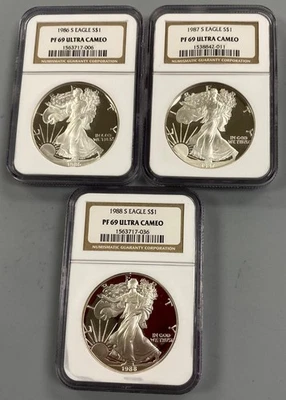 3 NGC PF69 US 1ozt .999 Silver Eagle $1 1986-s 1987-s 1988-s L23360 - Image 1 of 4